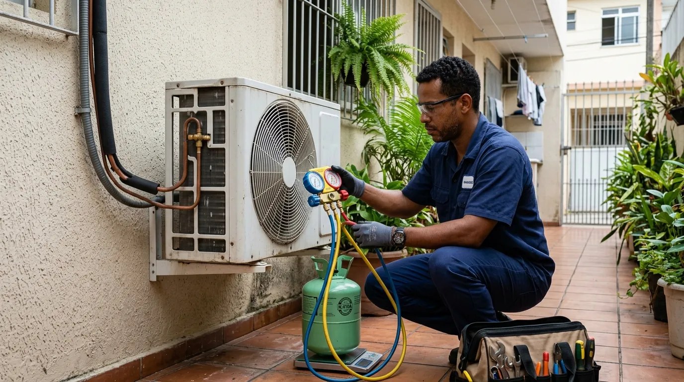 Técnico fazendo carga de gás na condensadora do ar-condicionado em Campos dos Goytacazes‑RJ