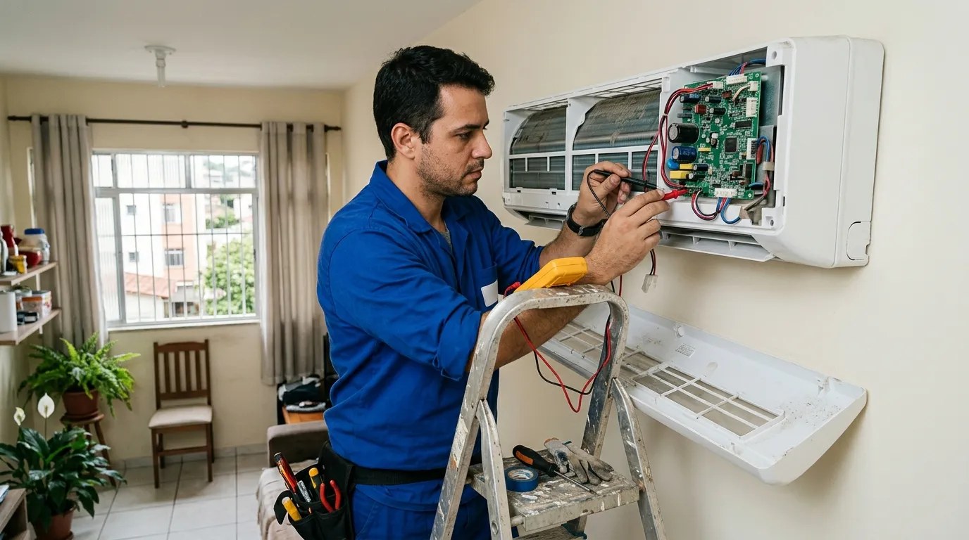 Técnico trocando a placa eletrônica de ar-condicionado split em Campos dos Goytacazes‑RJ