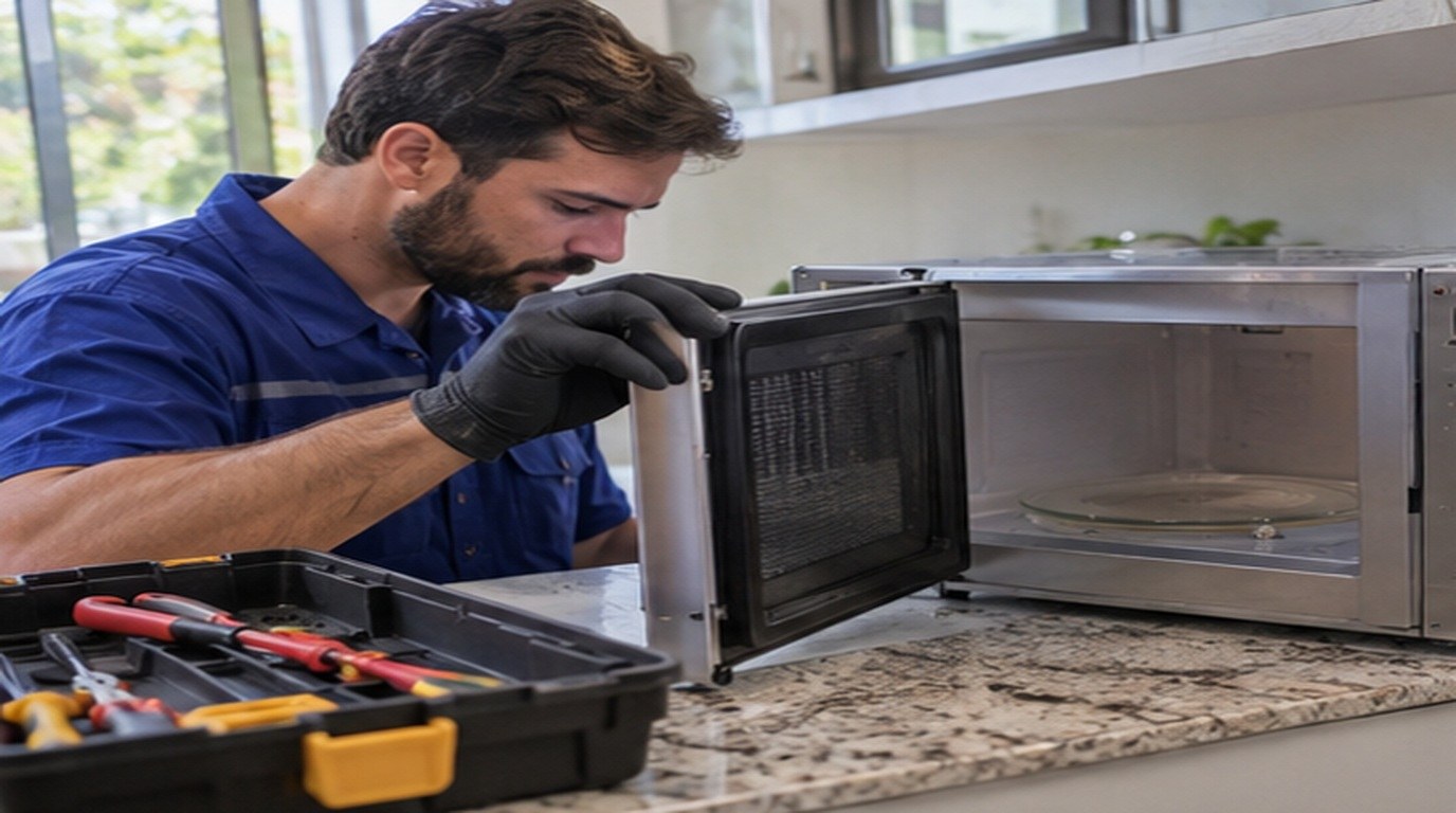 Conserto de micro-ondas em Campos dos Goytacazes‑RJ: técnico abrindo um micro-ondas de bancada