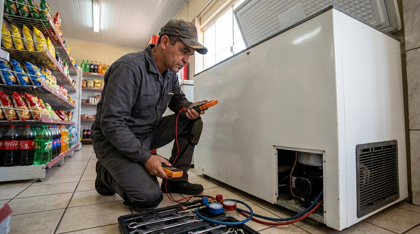 Reparo da placa eletrônica de um freezer em atendimento no Centro, Campos dos Goytacazes‑RJ