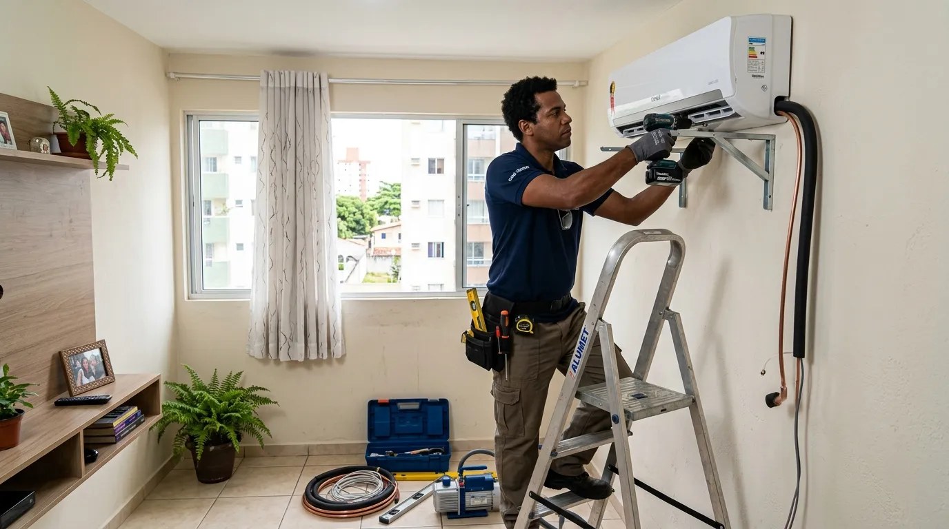 Técnico instalando ar-condicionado split em residência em Campos dos Goytacazes‑RJ