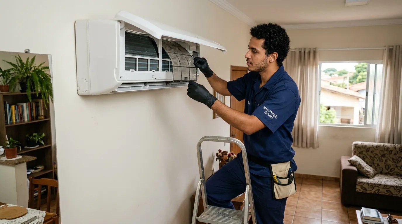 Técnico fazendo limpeza e higienização de ar-condicionado split em Campos dos Goytacazes‑RJ