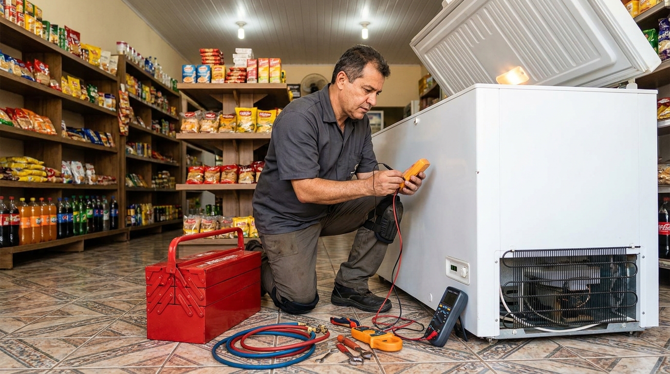 Manômetro conectado ao circuito durante recarga de gás de freezer no Centro, Campos dos Goytacazes‑RJ
