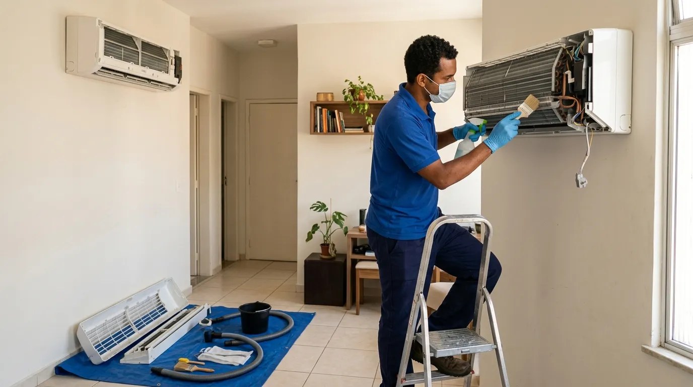 Técnico fazendo manutenção de ar-condicionado split em Campos dos Goytacazes‑RJ