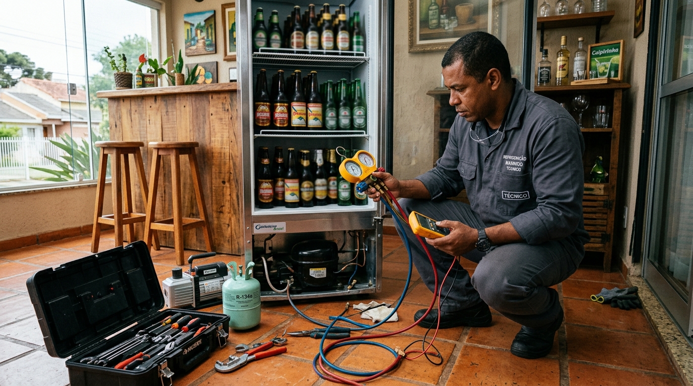 Técnico conferindo a temperatura de uma cervejeira durante atendimento em Campos dos Goytacazes‑RJ