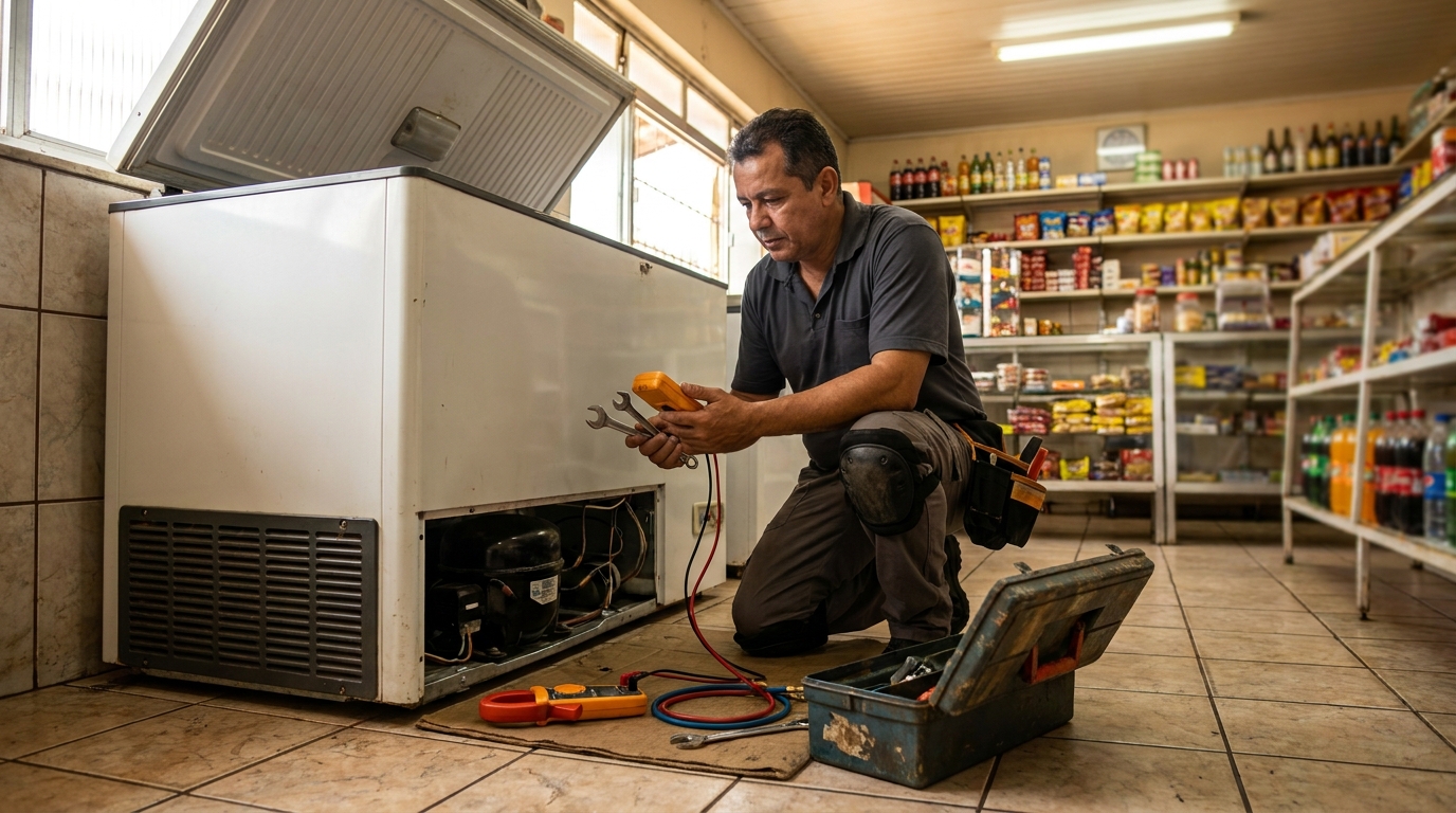 Técnico avaliando um freezer vertical durante atendimento no Centro, Campos dos Goytacazes‑RJ