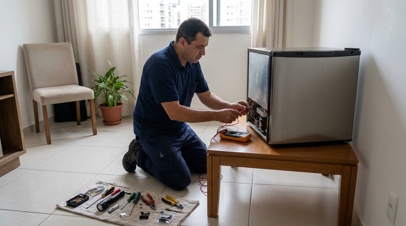 Técnico avaliando um frigobar compacto durante atendimento no Centro, Campos dos Goytacazes‑RJ